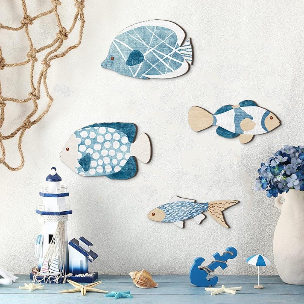 4pcs Wooden Tropical Fish Wall Decoration Vintage Ocean Animal Ornaments  Kids Room Decor