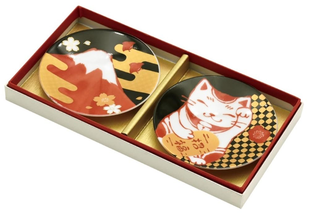 Ceramic Ai RINPA Auspicious Small Plate Cat 41491 Set, & Mt. Fuji, 9.4×H1.3cm,
