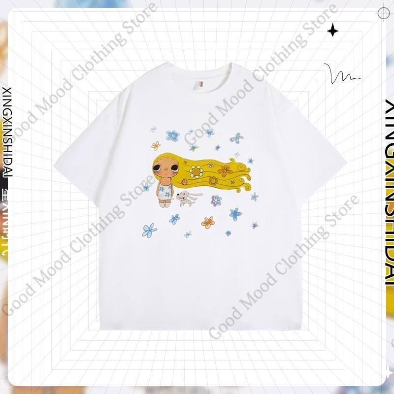 Мультяшная футболка YuY Модная милая футболка с принтом девочки Streetwear Тренд Унисекс Женская Летняя Высококачественная Хлопковая футболка с коротким рукавом