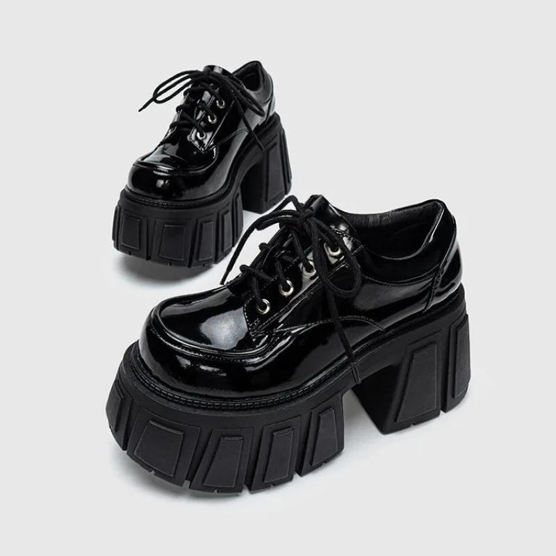 Women's Lace-Up High Heel Thick Bottom Single Shoes Spring New Style Platform Round Toe Flats Heightening Small Leather Shoes