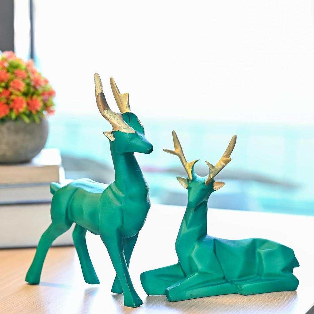 Set of 2 Deer Resin Showpieces Hiran Statues for Home and Office Décor, Nature-Art Pieces, Ideal Gift for Nature Lovers, Family, and Friends (Green)