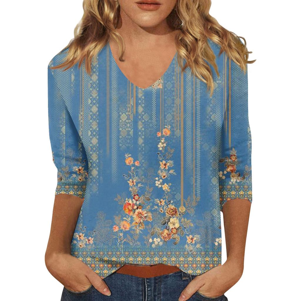 Women’s Fashion Everyday Everything Casual V-neck Seven-point Sleeve Printed T-shirt Top