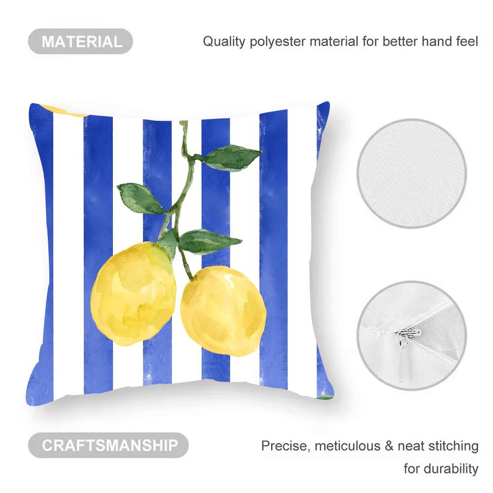 Blue - Toned Watercolor Lemon Pillow Case Anti-Dustmite Pillowcase Invisible Zipper Silky Short Plush Sofa Cushion Cover
