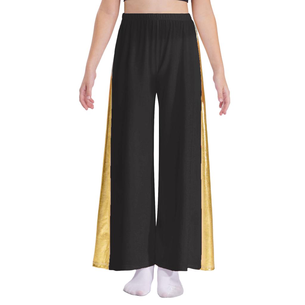 Girls Liturgical Dance Pants Metallic Patchwork High Waist Elastic Band Wide Leg Loose Trousers