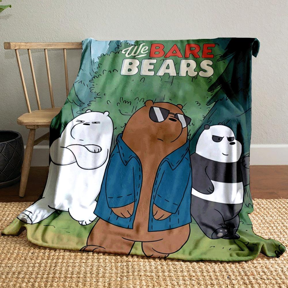 Three cartoon bears with distinct expressions walking in a forest. for all seasons blanket lunch break throw gift