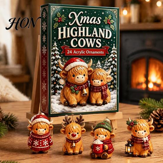 24 Day Christmas Countdown Box Highland Cow Advent Calendar, Cute 3D Mini Figures, Animal Gift Set Farmhouse Holiday Decor, for Lovers Decorative
