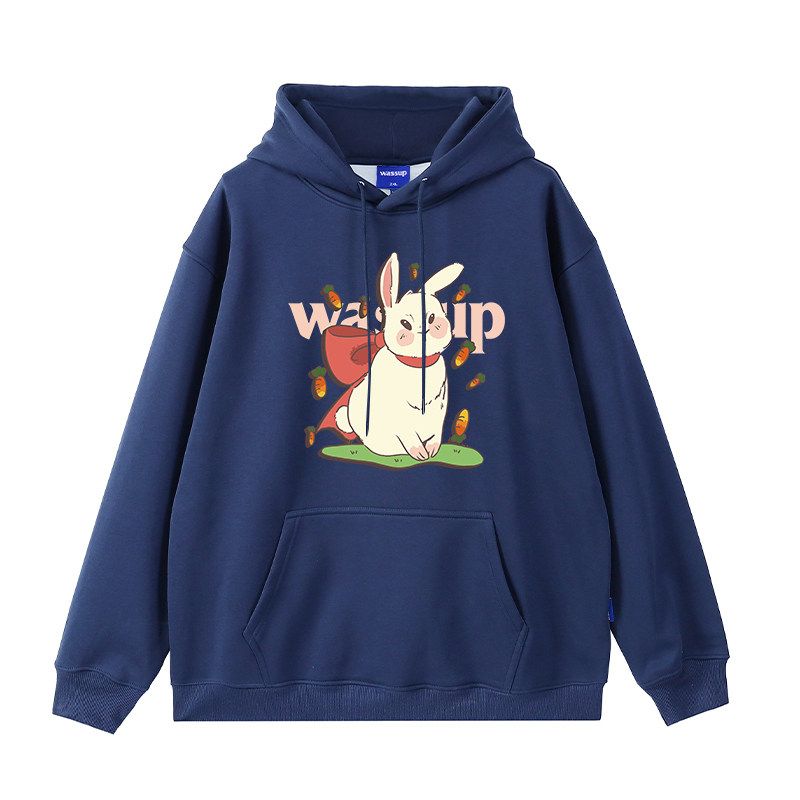 Wassup Rabbit Trendy Brand Hooded Sweatshirt for Men, New Autumn and Winter Loose Fit, Fleece-Lined, Couple Style Casual Top Jacket