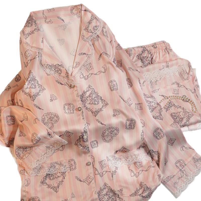 Hello Kitty Luxury Satin Ice Silk Pajama Set: Women's Sweet Print Lace Two-Piece for Spring/Fall