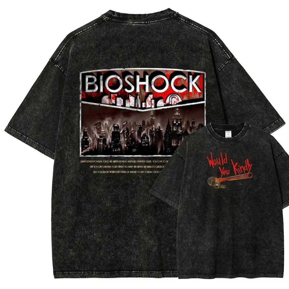 Hot BioShock Game Short-sleeved Washed-out Distressed Pure Cotton Loose Men's and Women's Shirt Large Size