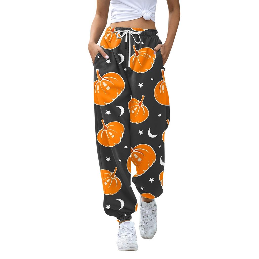 Женские повседневные модные брюки для отдыха с принтом на Хэллоуин, спортивные штаны, брюки с эластичной резинкой на талии, брюки со шнурком