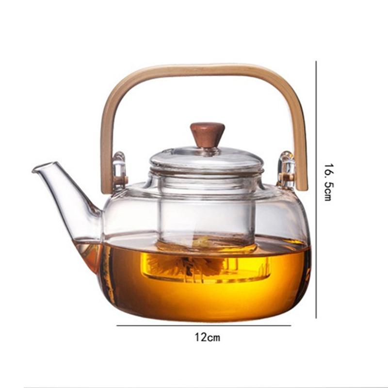 1000ML Glass Teapot Portable Wood Handle Glass Kettle Heat-Resistant Transparent Tea Pot Home Coffee Tea Bottle Kitchen Supplies