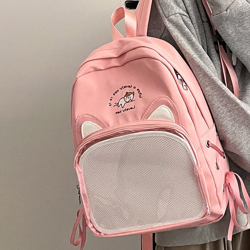 SCIONE New Transparent Schoolbag Large-capacity Contrast Ridge Protection Backpack Two-dimensional Cute Cartoon Cat Backpack