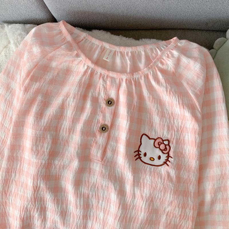 Женский набор пижамы с мультяшным принтом из облачного хлопка – с длинным рукавом, круглым вырезом, больших размеров, для ношения на улице