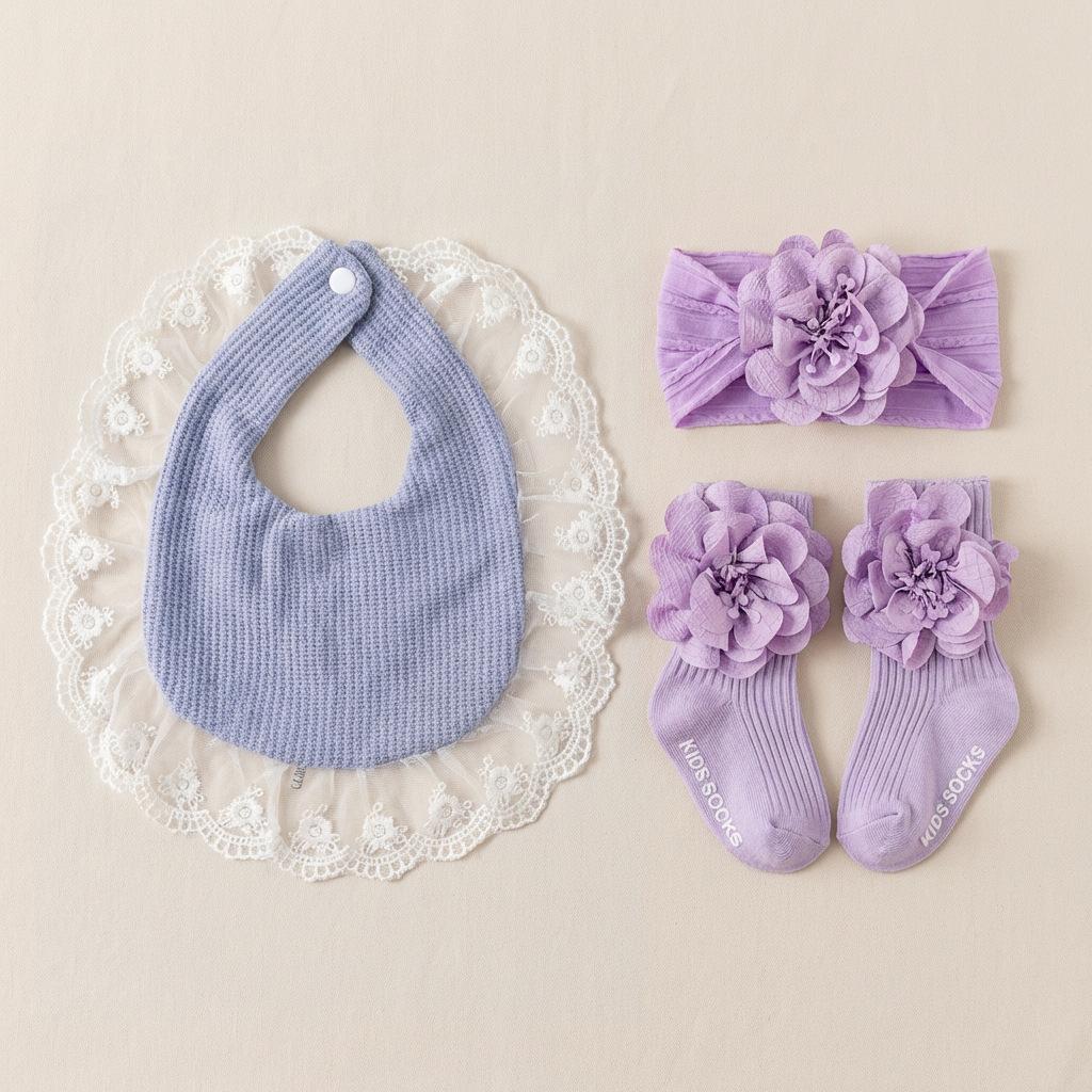 3Pcs Baby Girl Gift Set Lace Bib Floral Headband Socks Set 3D Flower Cotton Infants Toddlers Party Birthday Accessories