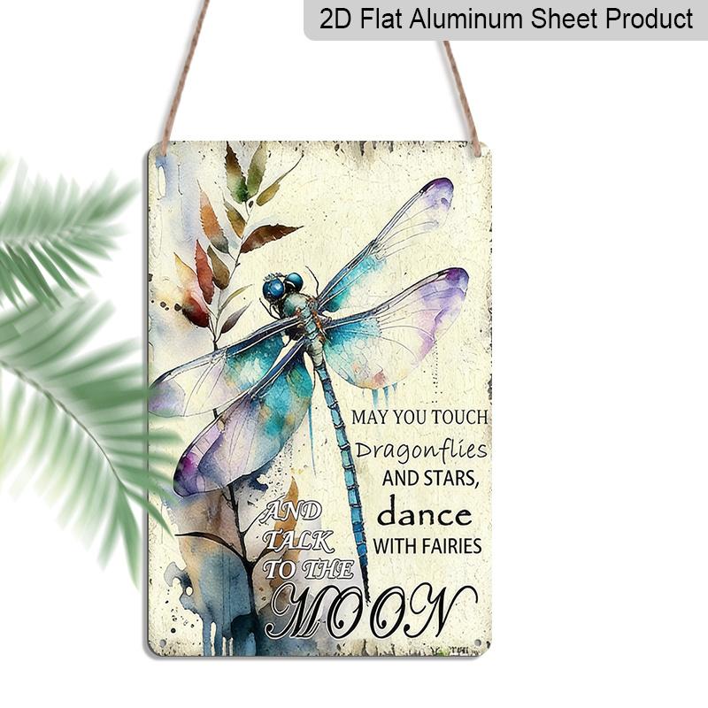 2D Flat, 1pc Vintage Dragonfly Metal Aluminum Wall Art Sign with "May You Touch Dragonflies & Stars" Quote - Turquoise & Golden Dragonfly Wing