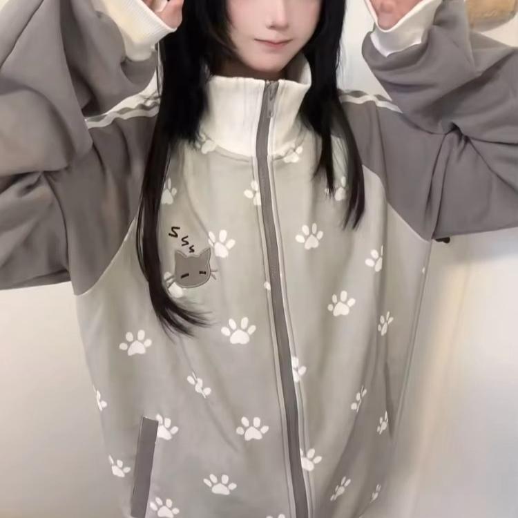 Y2k Серые Cutecore Графическая Вышивка Женские Худи Kawaii Полосатые Японский Стиль Худи Свободные Сладкие Preppy