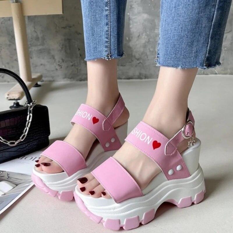 Женские летние босоножки на платформе на массивном высоком каблуке, женская обувь на танкетке, красные Sandalia Feminina
