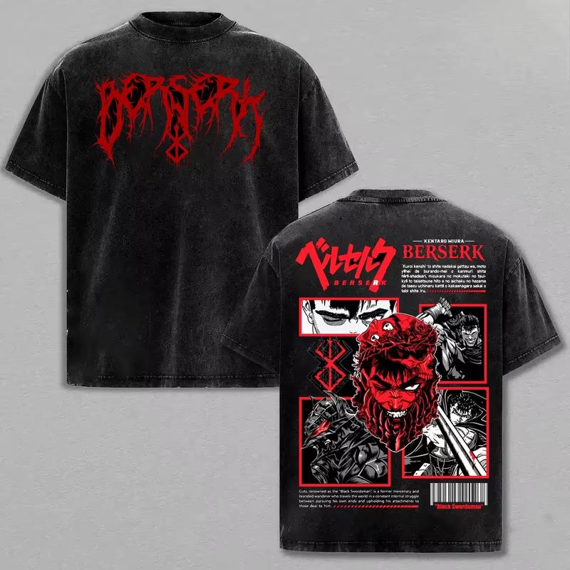 Classis Dark Anime Berserk Guts Graphic Print T-shirt Men Women O-neck Cotton Short Sleeve Oversized Top Retro Washed Harajuku Fashion Summer New Tee