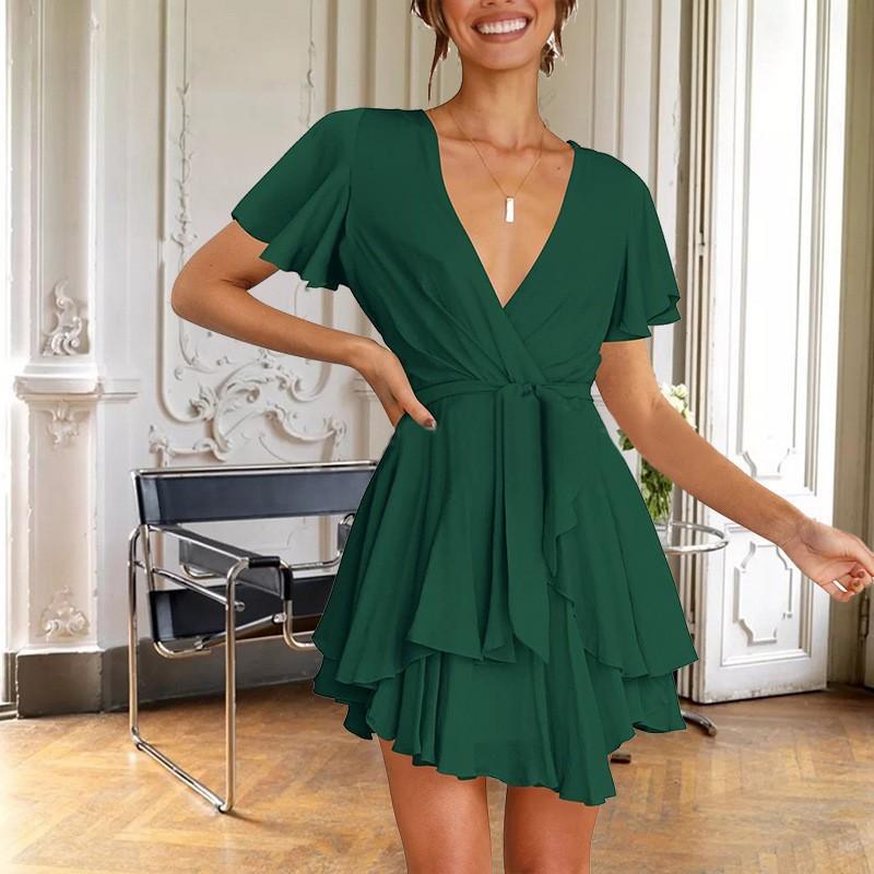 Летнее женское платье, однотонная юбка нерегулярной формы, темпераментное элегантное платье с v-образным вырезом и короткими рукавами