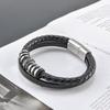 Mens Geometric Stainless Steel Pendant Leather Braided Bracelet Adjustable Wristband Cycling Outdoor Adventure