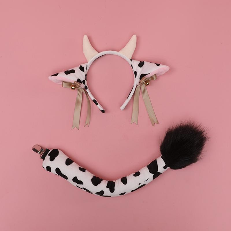 Faux Fur Animal Headbands Furry Cow Ears Headwear Tail Set Kawaii Hair Hoop for Halloween Cosplay Party Supplies
