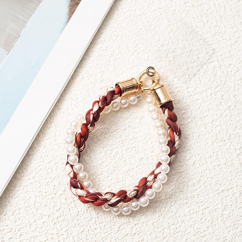 Douyin-Style Pearl Phone Lanyard with Silk Scarf Strap & Pendant