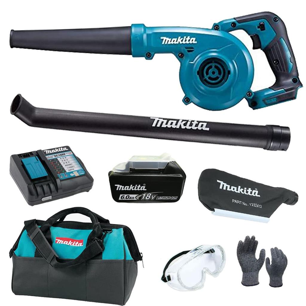 Makita Набор аккумуляторной воздуходувки 18 В BL1860B Зарядное устройство Садовая насадка Сумка для инструмента Защитные очки Рабочие перчатки Воздуходувка Опавшие листья Мойка автомобиля Уборка