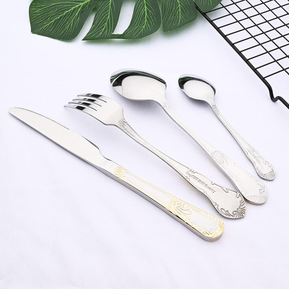 24Pcs Gold Flower Pattern Cutlery Set 18/10 Stainless Steel Tableware Set Knife Fork Tea Spoon Dinnerware Silverware Kitchen Flatware