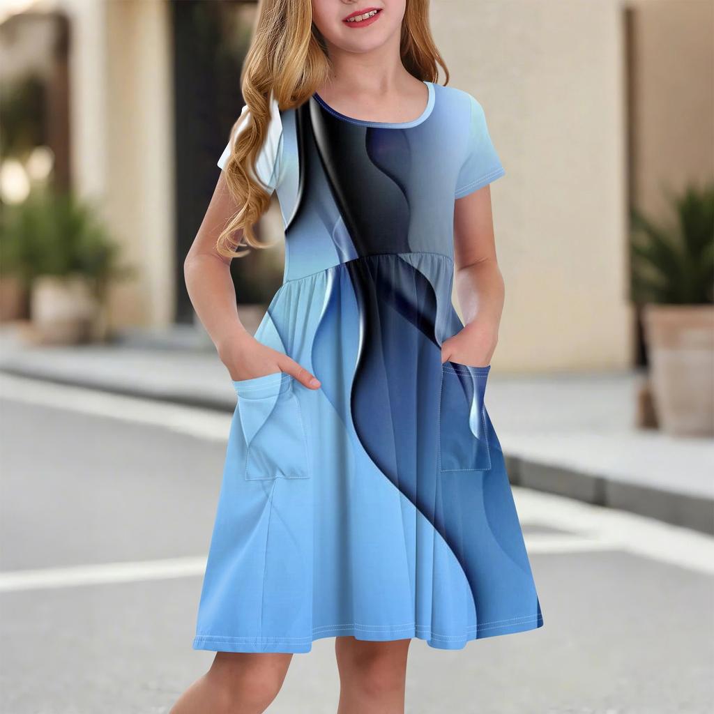 Детская юбка с круглым вырезом и коротким рукавом, платье принцессы, модное повседневное платье с карманами для девочек