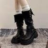 Women'S Platform Motorcycle Boots Buckle Strap Thick-Soled Boots Feamle New Fashion Black Pu Leather Western Knight Botas Mujer