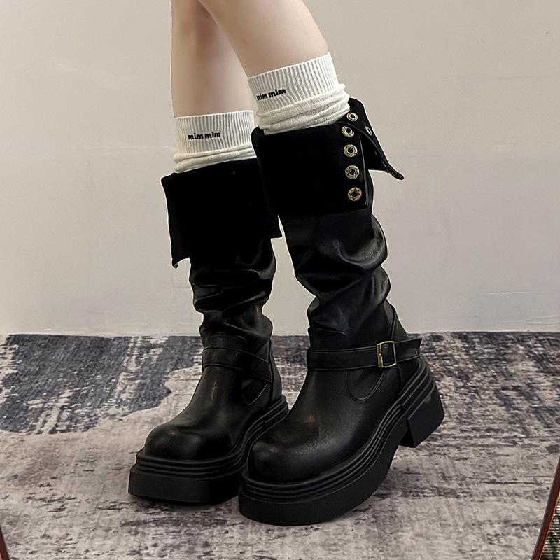 Women'S Platform Motorcycle Boots Buckle Strap Thick-Soled Boots Feamle New Fashion Black Pu Leather Western Knight Botas Mujer