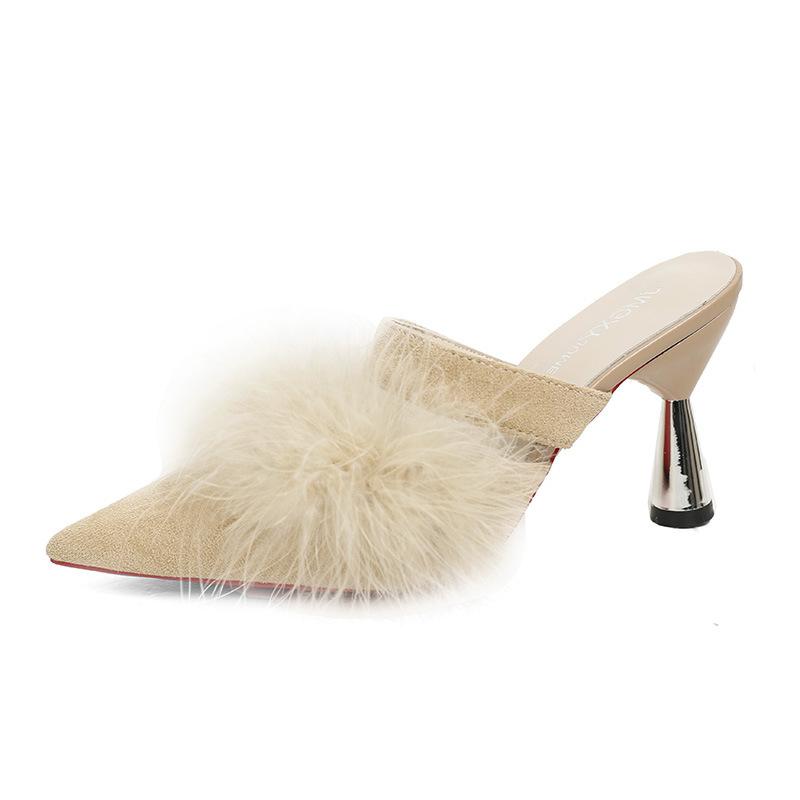 Утренние тапочки на тонком каблуке с высоким каблуком, маленькие размеры, пушистые, прохладные, женские, полудлинные, летние, универсальные, с острым носком, для невесты, осень