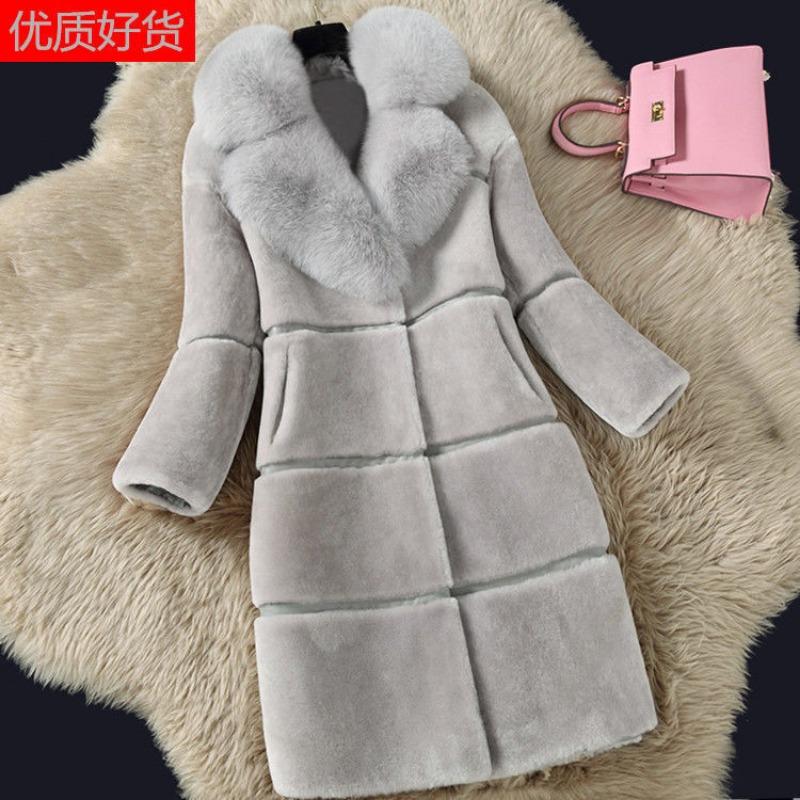Sheep Shearing Autumn and Winter Women's New Imitation Fur Integrated Imitation Fox Fur Collar Wool Coat Coat Medium and Long