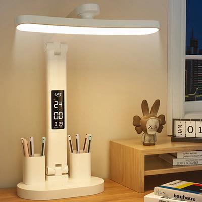 Светодиодные часы, настольная лампа, USB-зарядка, регулируемая яркость, складная защита для глаз, настольные лампы для чтения, ночники, освещение для учебы