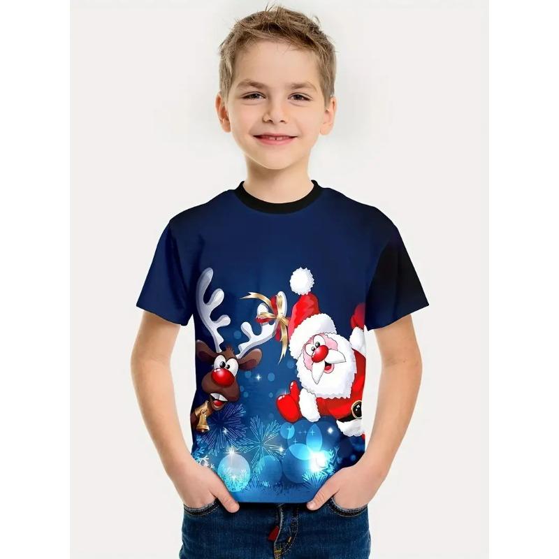 Летний топ с круглым вырезом и принтом рождественского оленя в виде 3D, модные и повседневные детские футболки для мальчиков с короткими рукавами