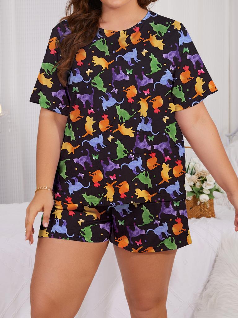Women's Large Size Pajamas Summer Casual Loose Butterfly Short Sleeve Set