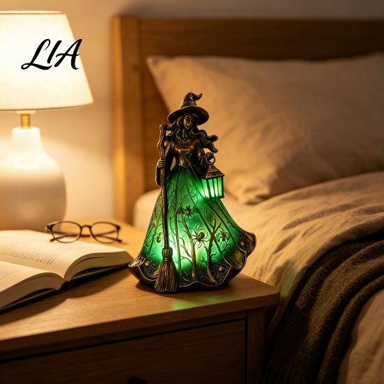 Witch Wizard Hat Lantern Halloween Tabletop Lamp, Gothic Night Light with Broom & Lantern, Unique Interior Accents USB Powered Spooky Ambient