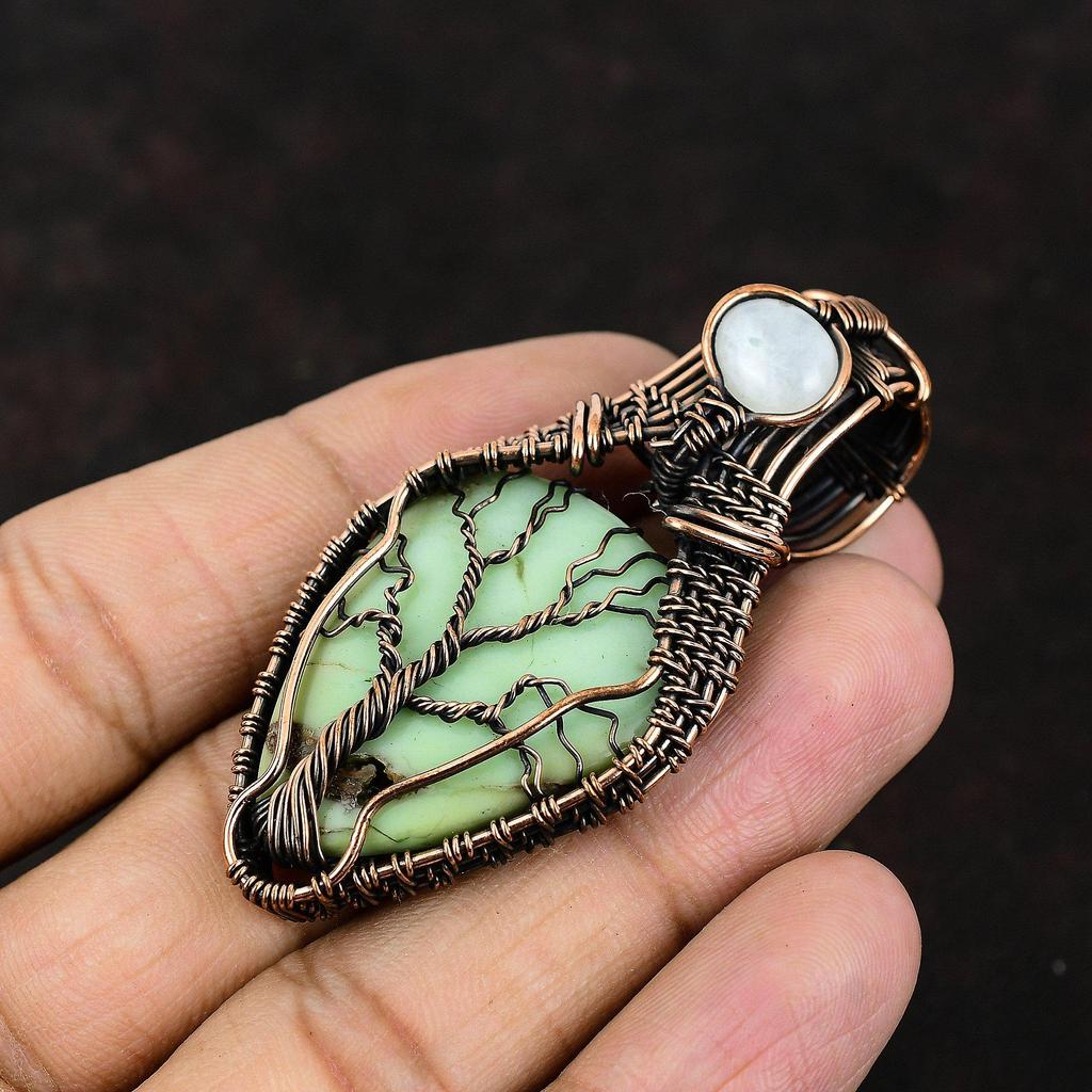 Древо жизни Подвеска из драгоценного камня хризопраз Медная проволока Ювелирные изделия Антикварные украшения Радужный лунный камень Ювелирные изделия Подарок для нее Подарок для матери