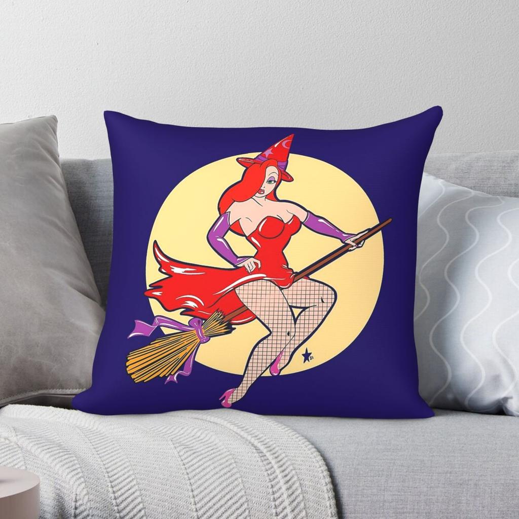 Pinup Witch Halloween Square Pillowcase Polyester Linen Velvet Pattern Zip Decorative Pillow Case Bed Cushion Case