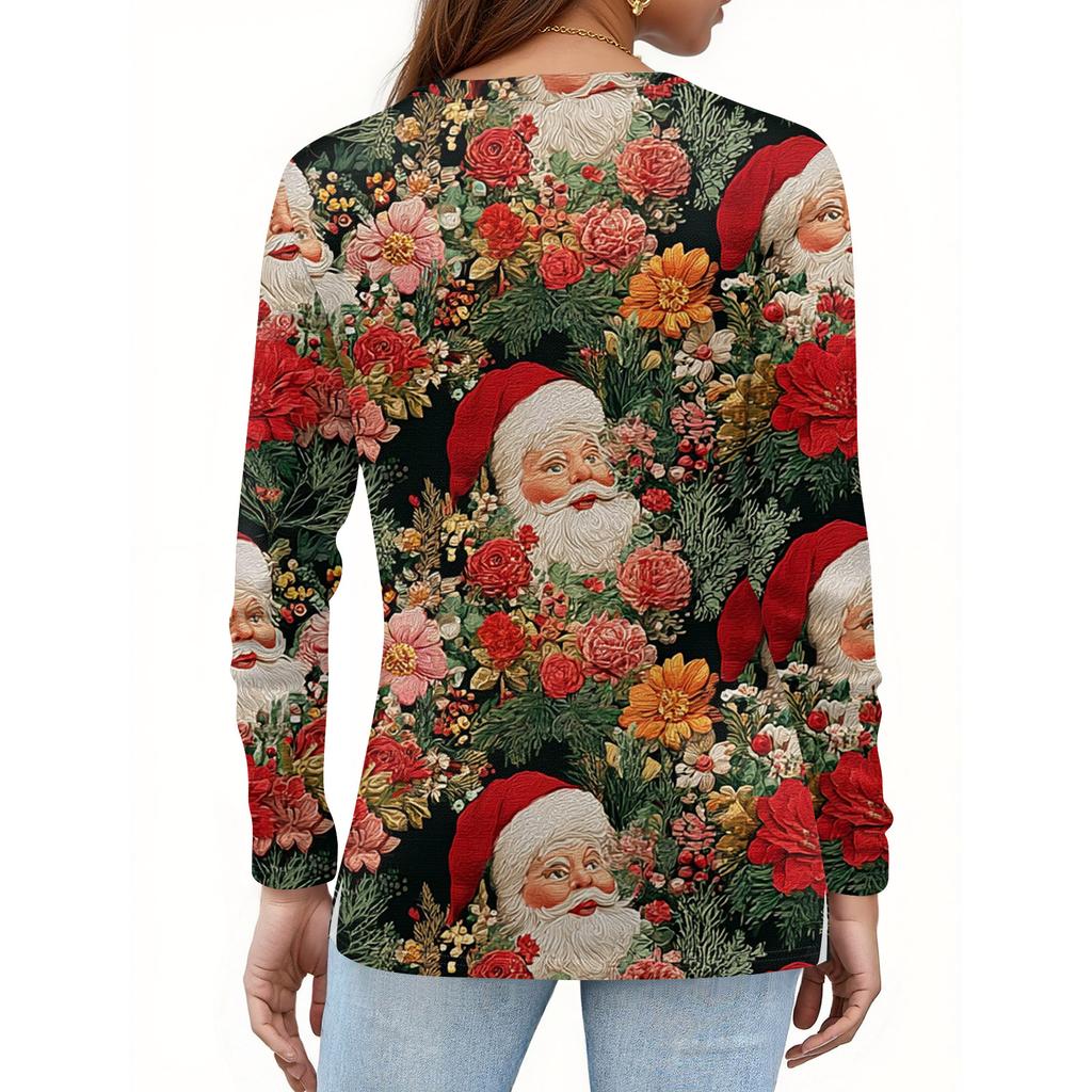 Женская мода повседневный топ с разрезом по низу и рождественским принтом с круглым вырезом и длинными рукавами