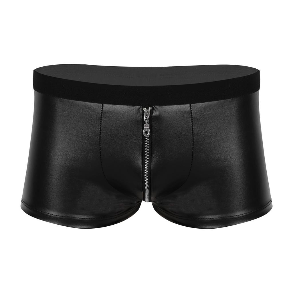 Men's Sexy Underwear Panties Faux Leather Underpants Male's Bulge Pouch Low Rise Boxer Briefs Shorts