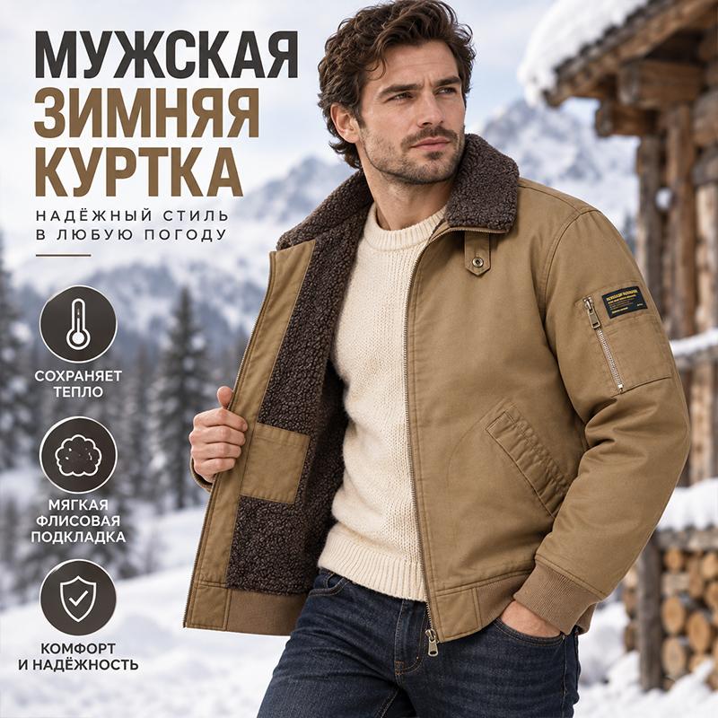 Мужская зимняя бомбер-куртка на подкладке из шерпы, теплая, с флисовым воротником, на молнии, ветрозащитная верхняя одежда с множеством карманов для холодной погоды, повседневная