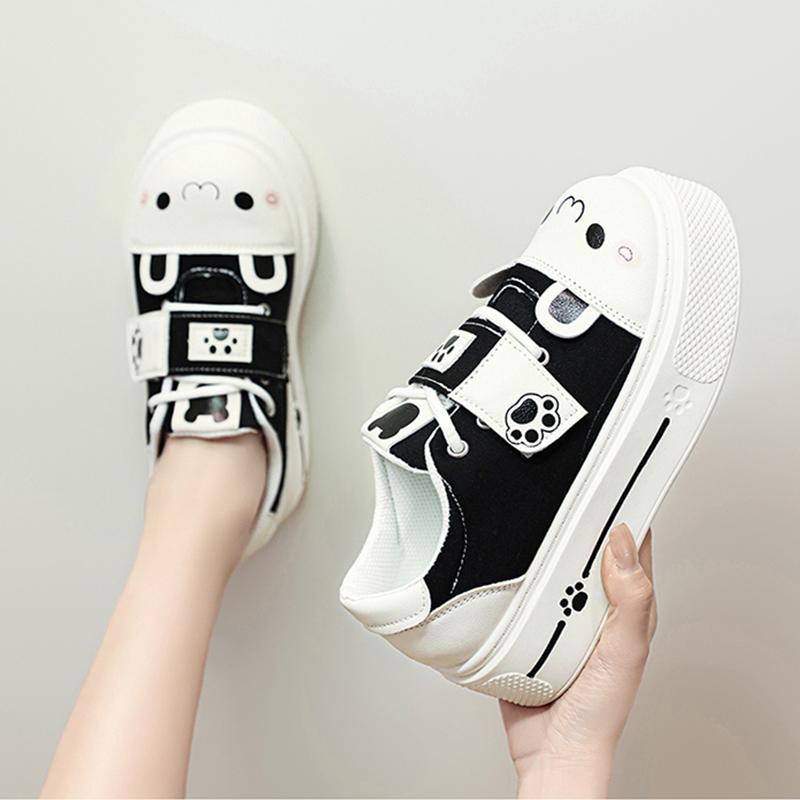 Модные милые туфли лолита на плоской платформе для девочек, студенческие парусиновые туфли на танкетке с милыми кошачьими ушками для молодых женщин