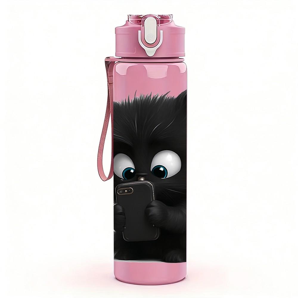 1PC Fluffy Black Cat Cartoon Print 750ml Color Plastic Sports Water Bottle Leakproof Flip Straw Lid Suitable for Sports Office Home Use