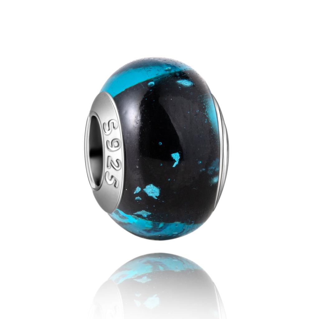 Муранское стекло Серия стерлинговое серебро 925 пробы Медный павлин синий и лепесток цветка Вращается Шарм Подходит для браслета Женские изящные циркониевые аксессуары