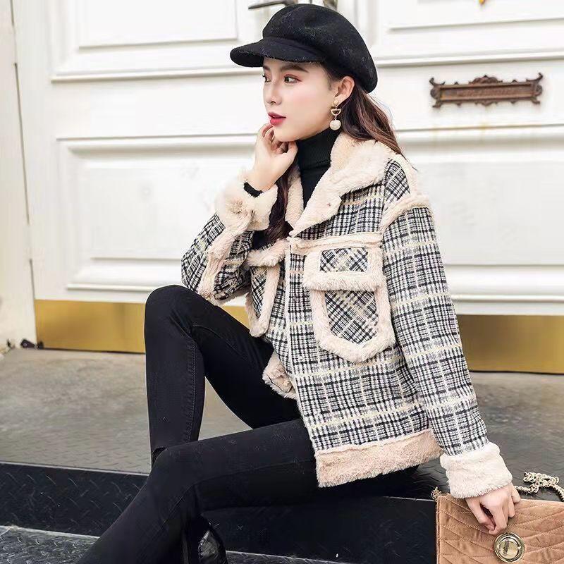 2024 осень и зима новая шерстяная куртка женская короткая плюшевая утолщенная версия свободная и тонкая универсальная клетчатая куртка прилив