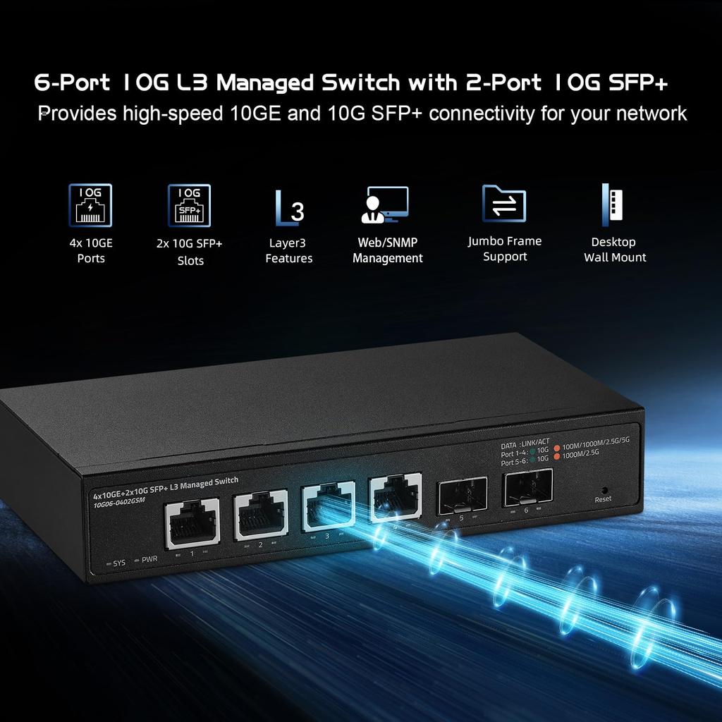 Binardat 10 Gigabit Managed 4x10G RJ45 Supports 2x10G 120Gbps L3 Web Metal Small Network Switch 6-port Switch, Ethernet, 1G/2.5G/5G/10G, SFP+,