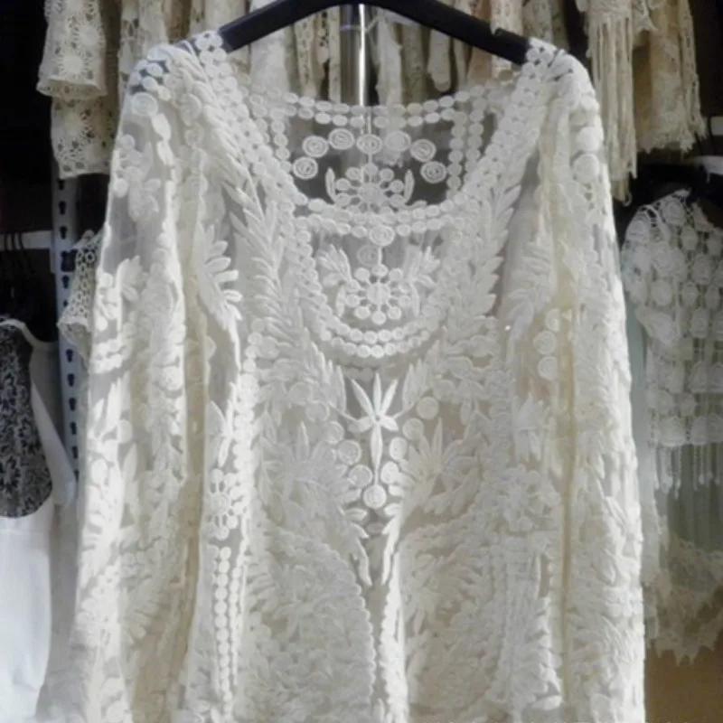 Ethnic Lace Basic Shirt Female Long-sleeve Slim Top Women Retro Slim Summer Shirt Pullover Hollow Out Black Lace Blouse