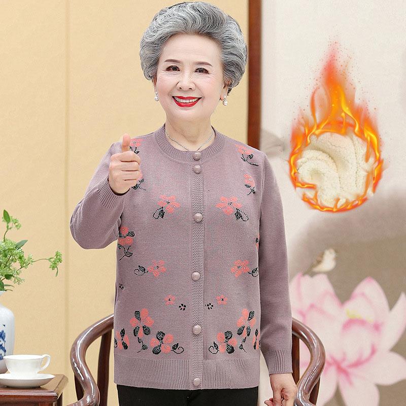 Женский свитер среднего и пожилого возраста, вязаный кардиган, платье для матери, бархатное утепленное бабушкиное теплое пальто, осенние и зимние топы
