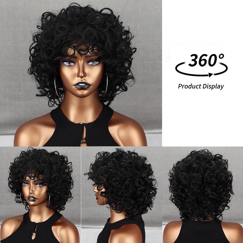 MISS WIG Короткие черные волосы, афро-кудрявые вьющиеся парики с челкой для чернокожих женщин, пушистые синтетические африканские парики с омбре